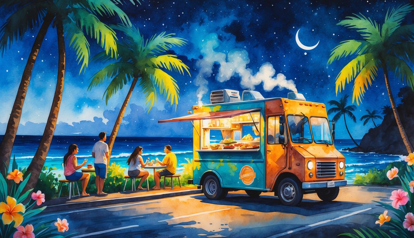 A nighttime street scene in Hawaii with a food truck, people eating, palm trees, and a starry sky.