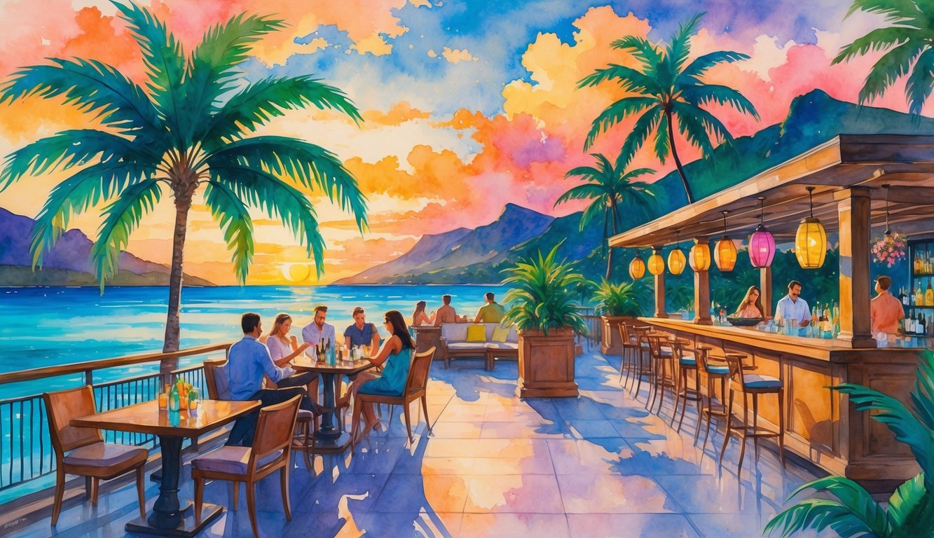 A rooftop bar in Hawaii overlooking the ocean and mountains at sunset with people enjoying drinks surrounded by tropical plants.