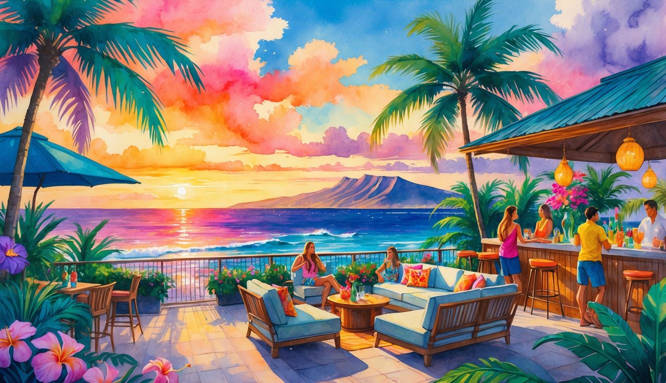 A rooftop terrace in Hawaii overlooking the ocean at sunset, with palm trees, tropical flowers, people enjoying drinks, and distant mountains in the background.