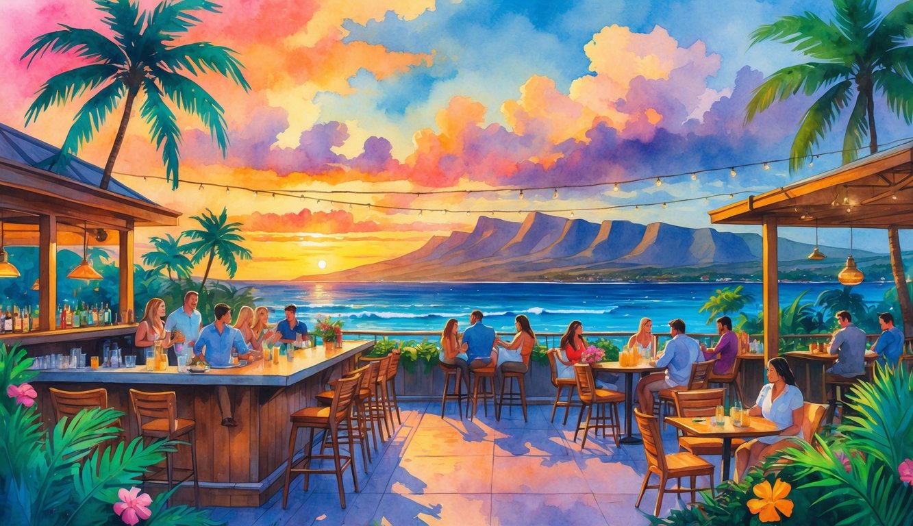 A rooftop bar in Hawaii with people enjoying drinks, surrounded by palm trees, mountains, and an ocean view at sunset.