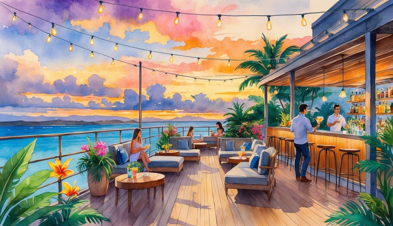 A rooftop bar overlooking the ocean at sunset with people enjoying drinks and tropical plants around.