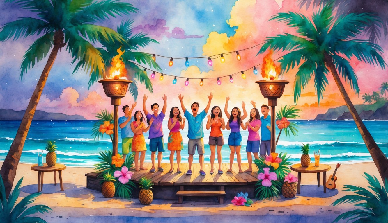A lively Hawaiian beach scene with people singing on a small stage surrounded by palm trees, tiki torches, and colorful lights at sunset.