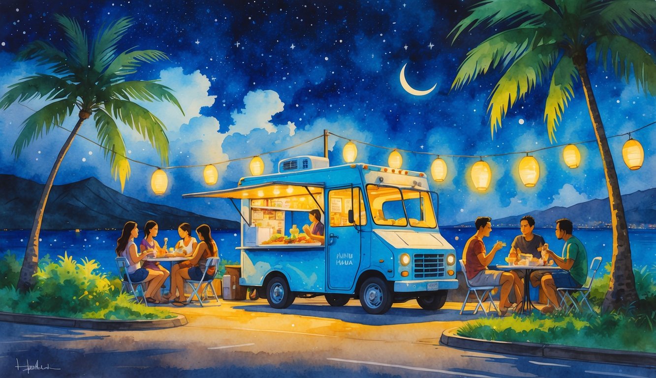 A nighttime street food scene with a food truck, people eating, palm trees, and mountains in the background.