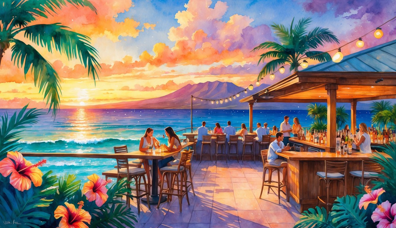 A rooftop bar in Hawaii at sunset with people enjoying drinks, tropical plants, palm trees, and an ocean view with mountains in the background.