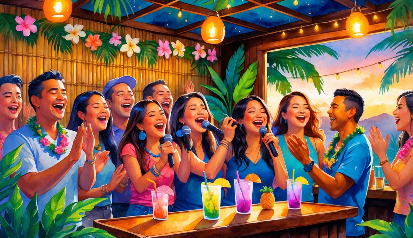 People singing and enjoying themselves in a tropical karaoke bar decorated with Hawaiian flowers and lights.