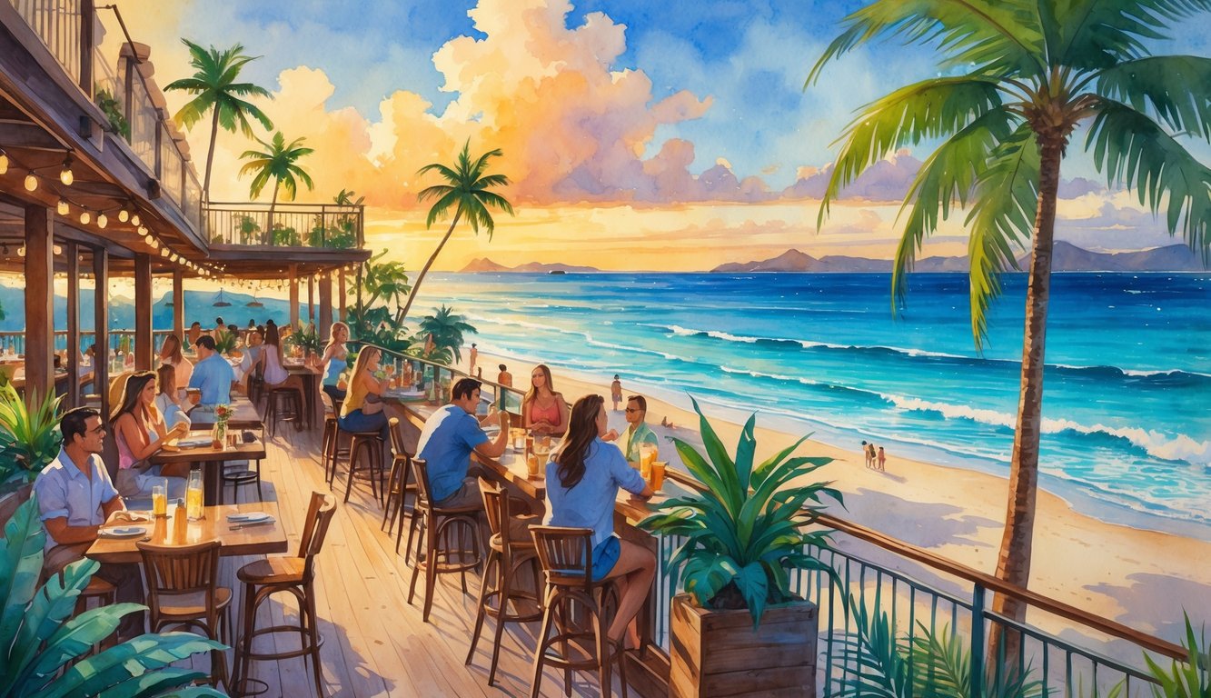 A rooftop restaurant and beach bar overlooking the ocean with people enjoying drinks and tropical scenery at sunset.