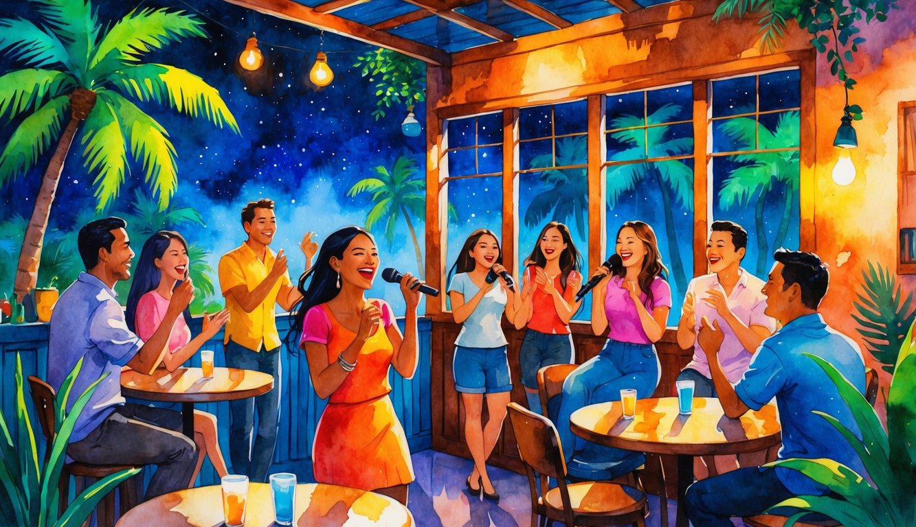 A lively indoor scene of people singing and enjoying themselves at a karaoke bar with tropical plants and a night view of palm trees outside.