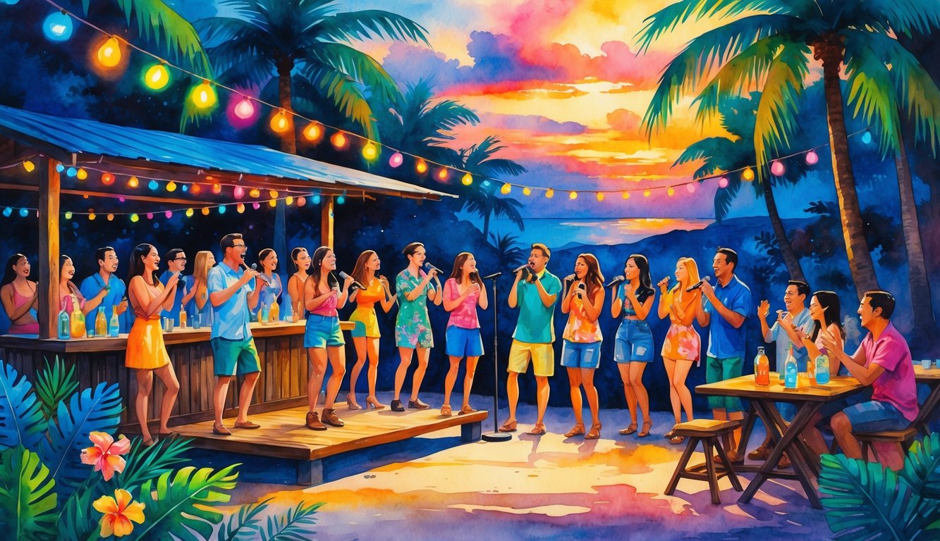 A lively outdoor karaoke night in Hawaii with people singing and enjoying drinks surrounded by palm trees and a colorful sunset.