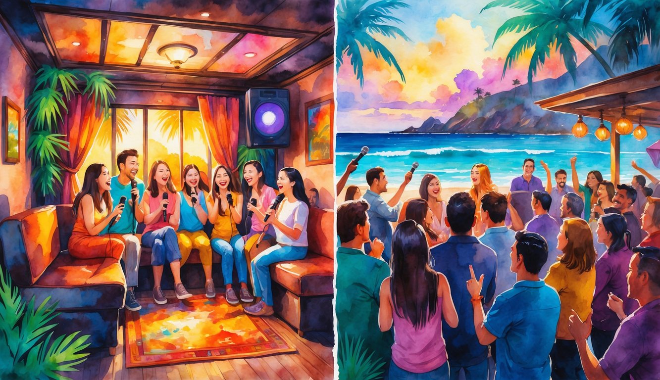 A lively scene showing a group of friends singing in a cozy private karaoke room and a singer performing on stage at a busy open mic bar, with palm trees and a beach sunset in the background.