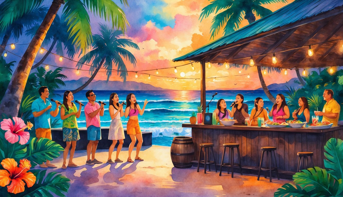 A lively outdoor scene of people singing on a stage surrounded by tropical plants, with drinks and food on tables and a colorful sunset in the background.