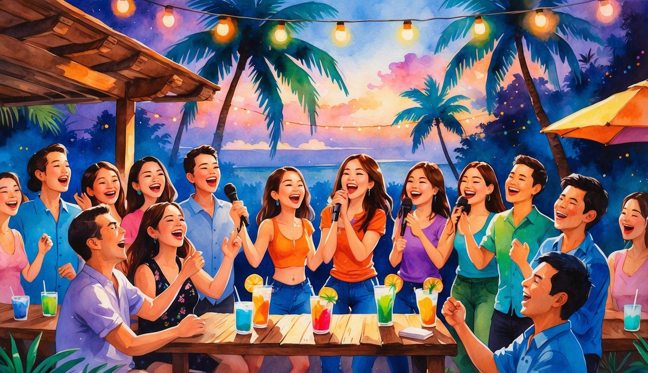 A lively outdoor karaoke night in Hawaii with people singing and enjoying drinks under palm trees at twilight.