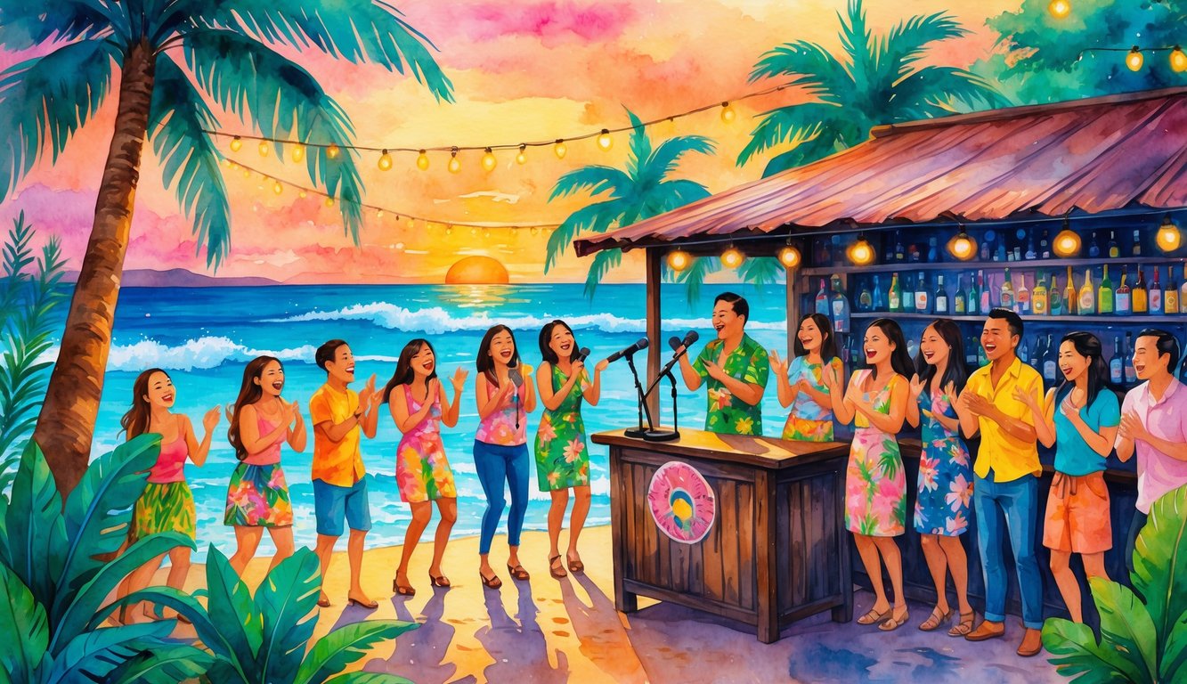A lively Hawaiian karaoke bar with people singing and clapping near a small stage surrounded by tropical plants and palm trees, with the ocean and a colorful sunset in the background.
