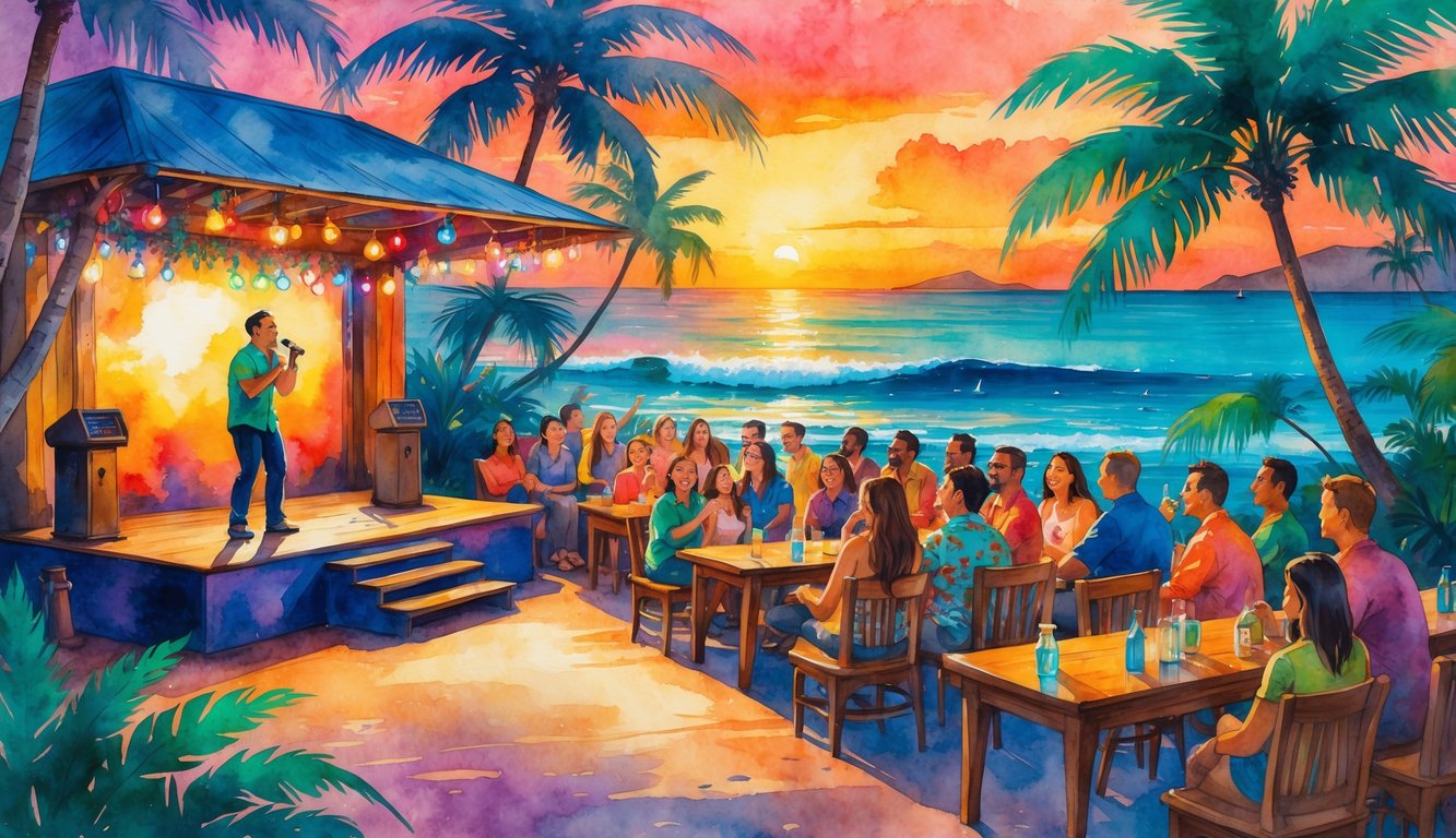 A lively outdoor comedy club in Hawaii with a comedian performing on stage, surrounded by a laughing audience, palm trees, and a sunset over the ocean.
