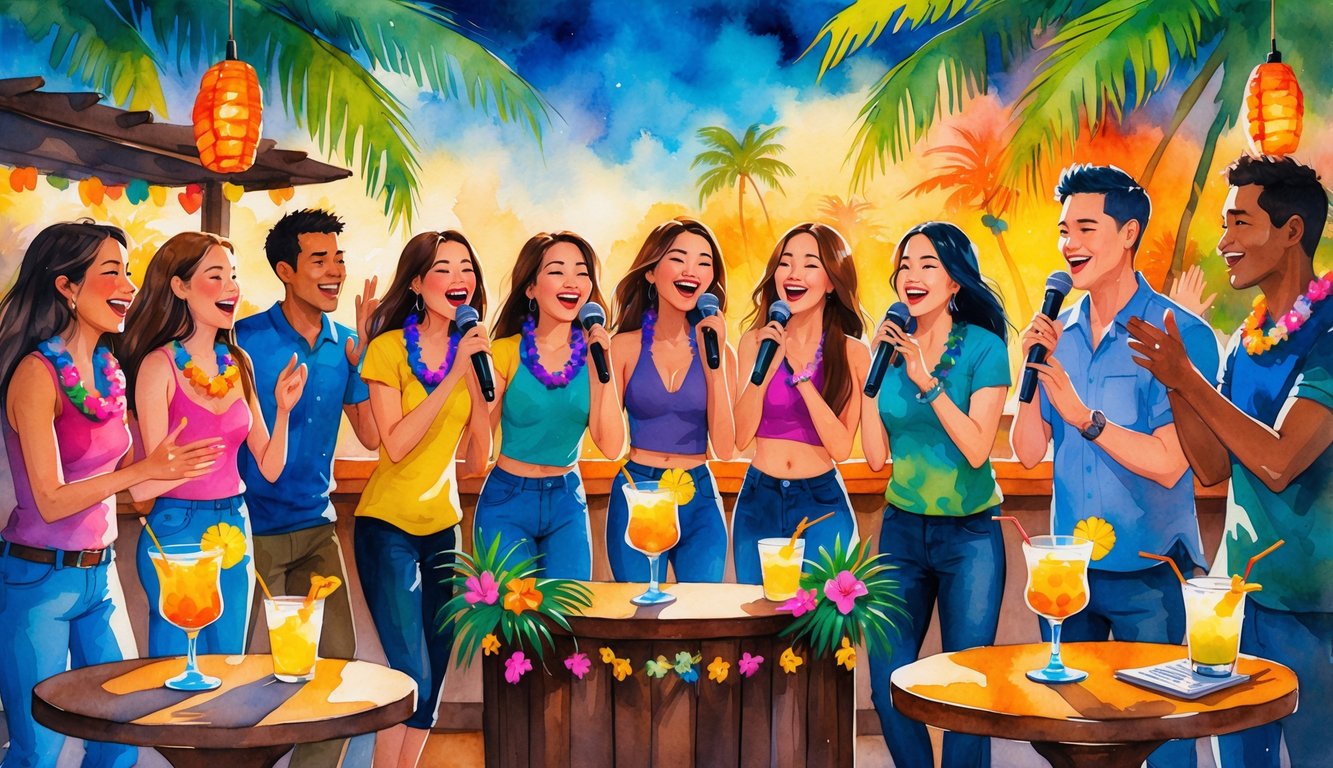 A lively scene of friends singing and enjoying a karaoke night in a tropical Hawaiian bar with tiki torches, palm leaves, and colorful decorations.