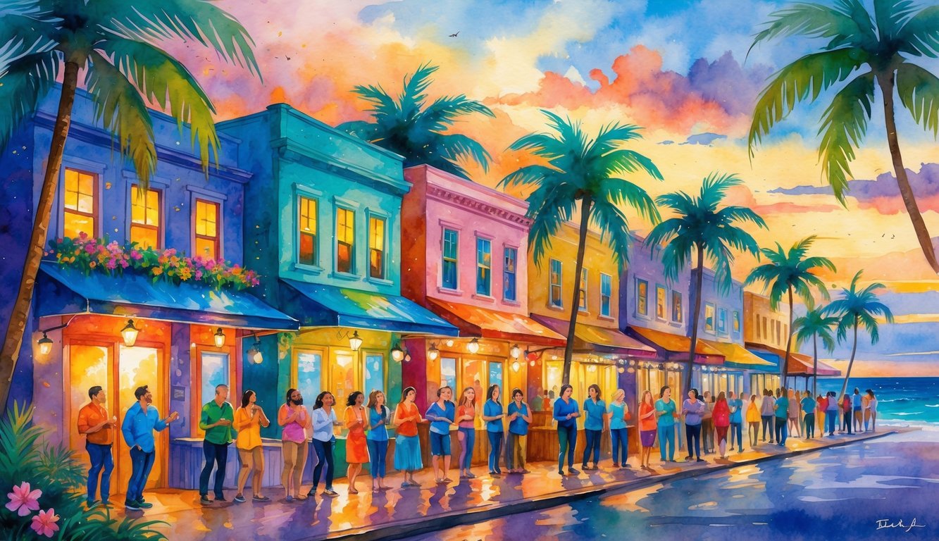 A lively street scene in Honolulu with people enjoying comedy shows outdoors near colorful buildings and palm trees by the ocean at sunset.