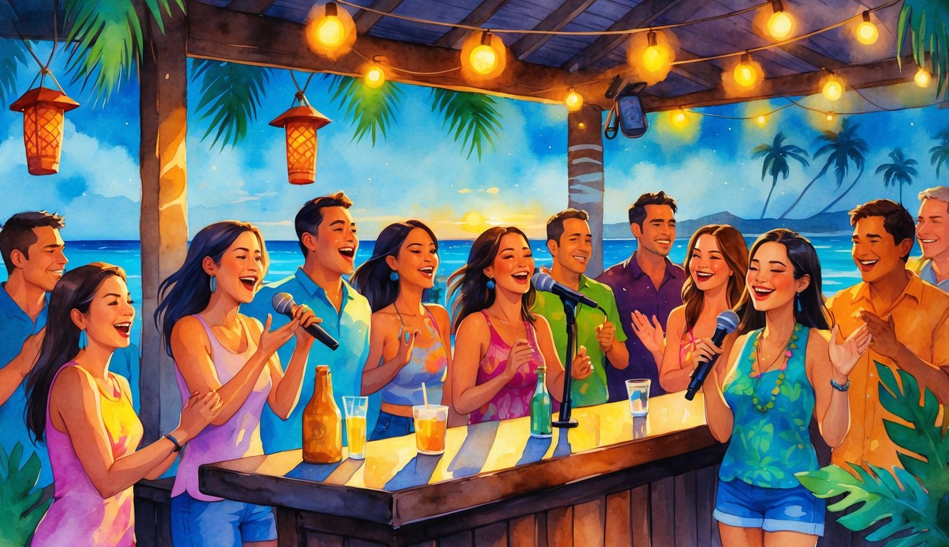 People singing and enjoying a lively karaoke night at an open-air Hawaiian bar with tropical decorations and a beach sunset in the background.