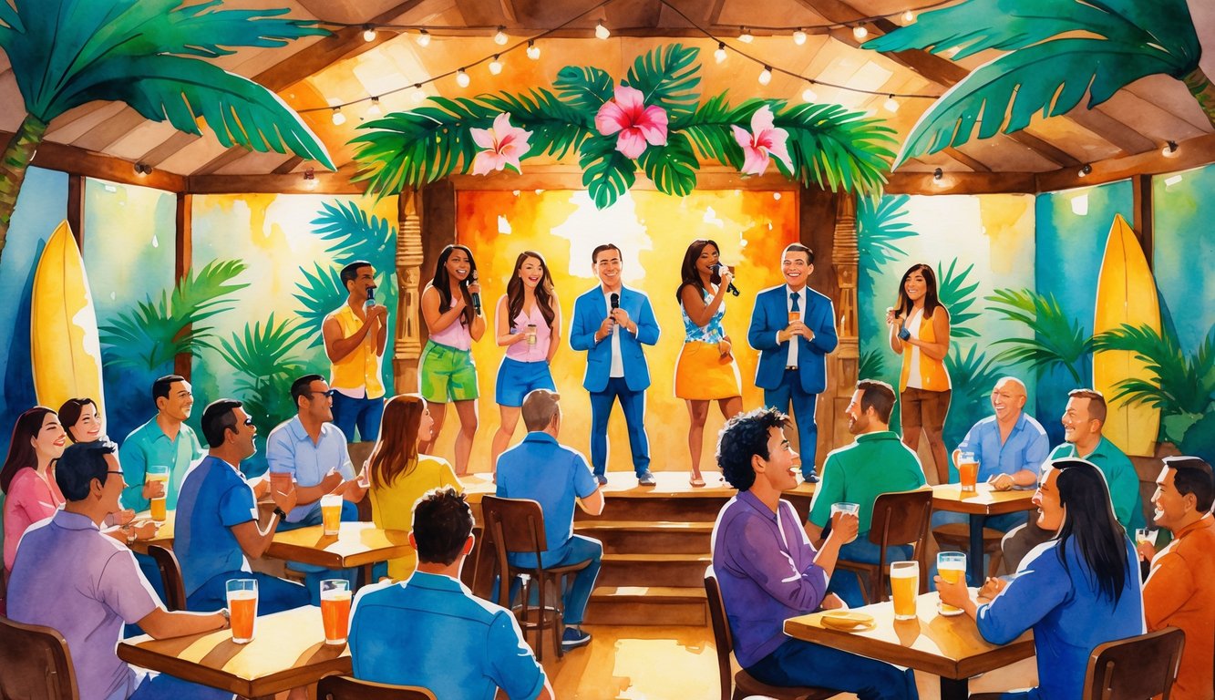 A lively comedy club in Hawaii with comedians performing on stage and an engaged audience enjoying the show.