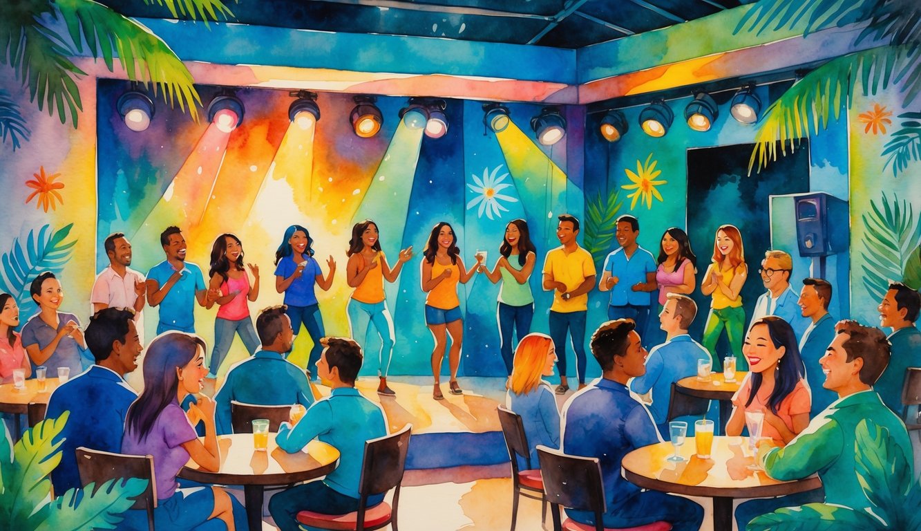 A lively comedy club with a diverse group of comedians performing on stage and an audience enjoying the show in a tropical setting.