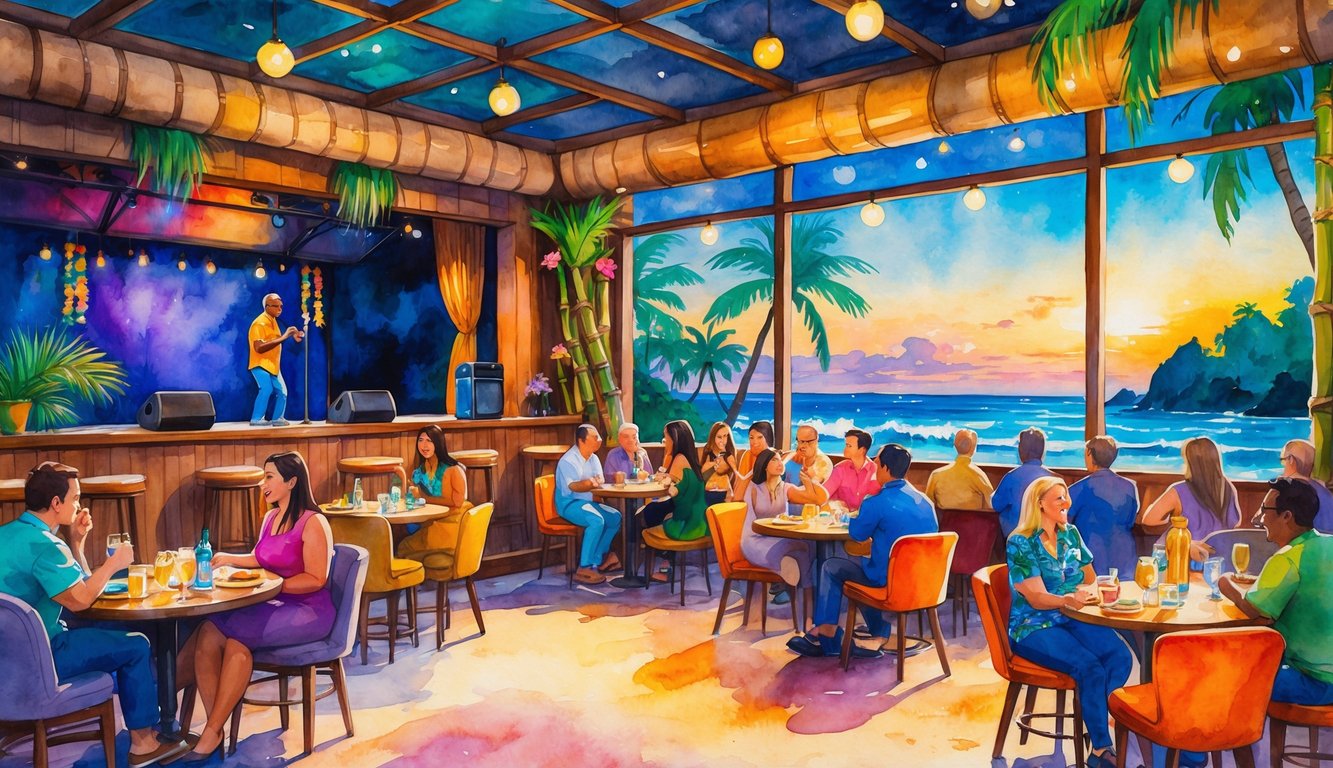 A lively comedy club interior in Hawaii with a comedian performing on stage and an audience seated at tables enjoying the show.