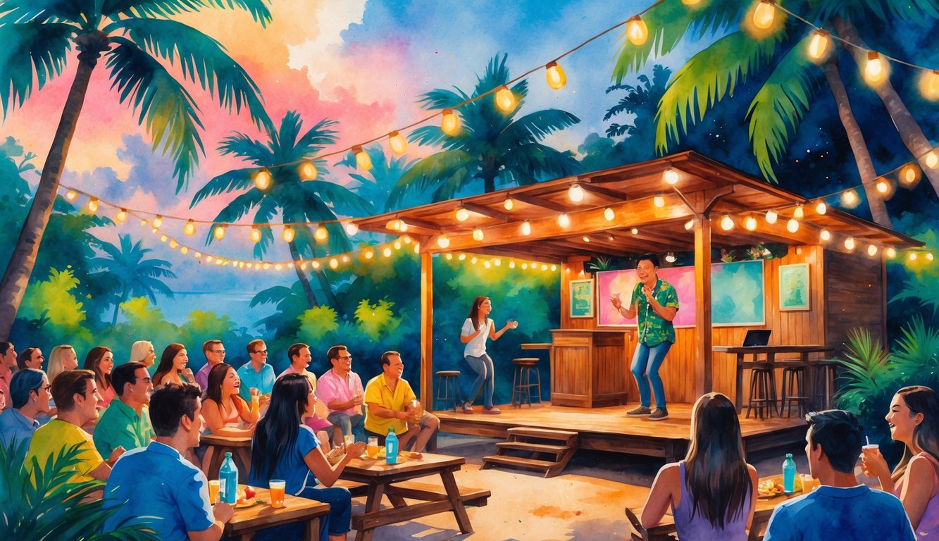 A lively outdoor comedy club in Hawaii with a comedian performing on stage and an audience enjoying the show surrounded by tropical plants and palm trees.