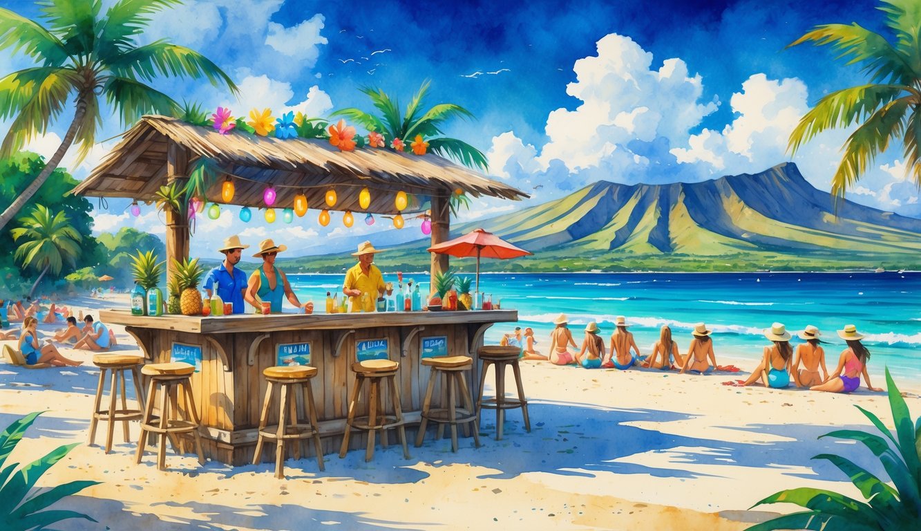 A beach bar on a sandy shore with people enjoying drinks, palm trees, ocean waves, and mountains in the background.