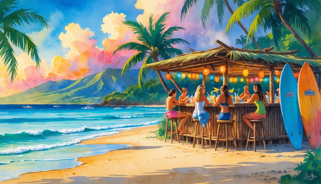 A beach bar on the sandy shore of Hawaii with people enjoying drinks, palm trees, ocean waves, and mountains in the background at sunset.