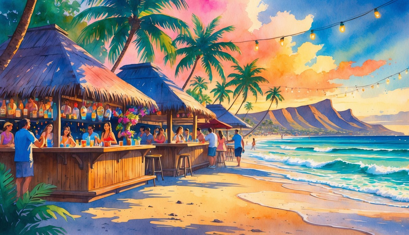 A lively beachfront bar scene with tiki huts, palm trees, people enjoying drinks, and the ocean with Diamond Head crater in the background at sunset.