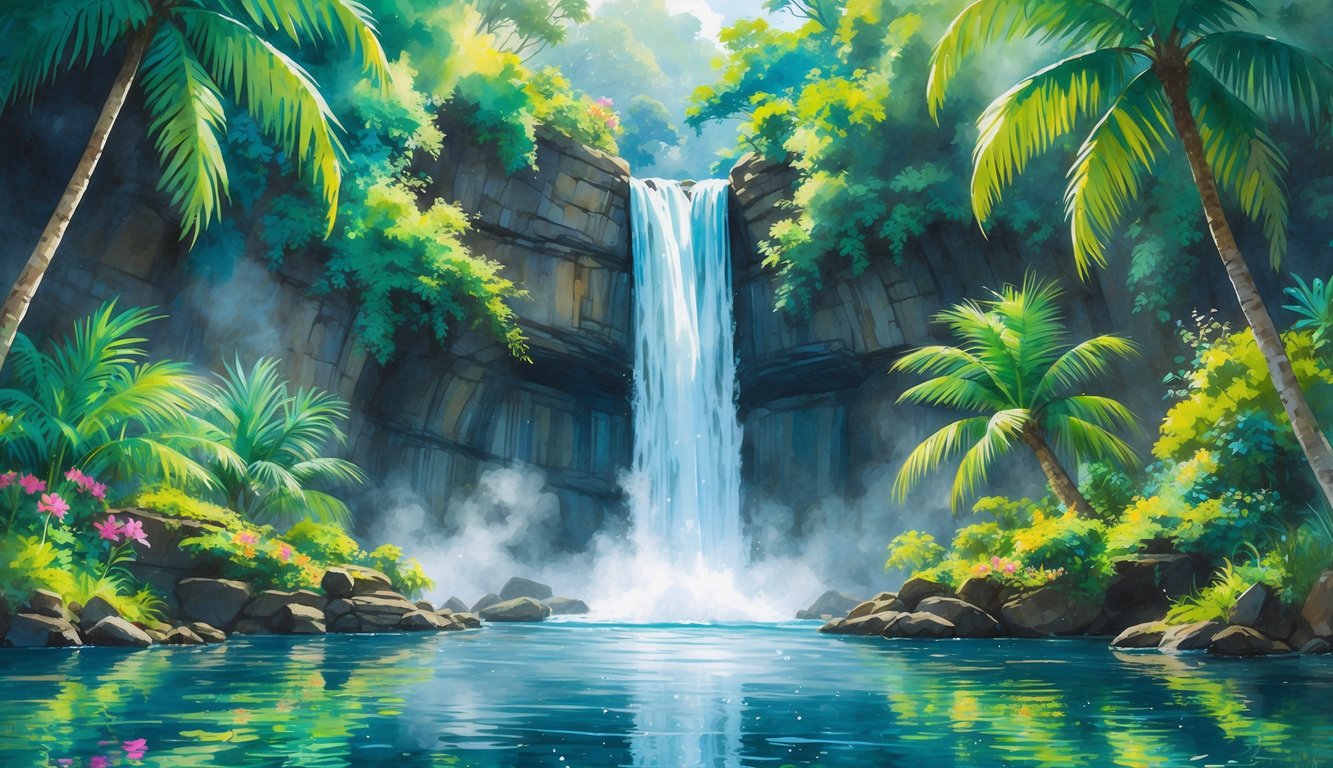 A tall waterfall surrounded by tropical plants and trees with a clear pool of water at its base.