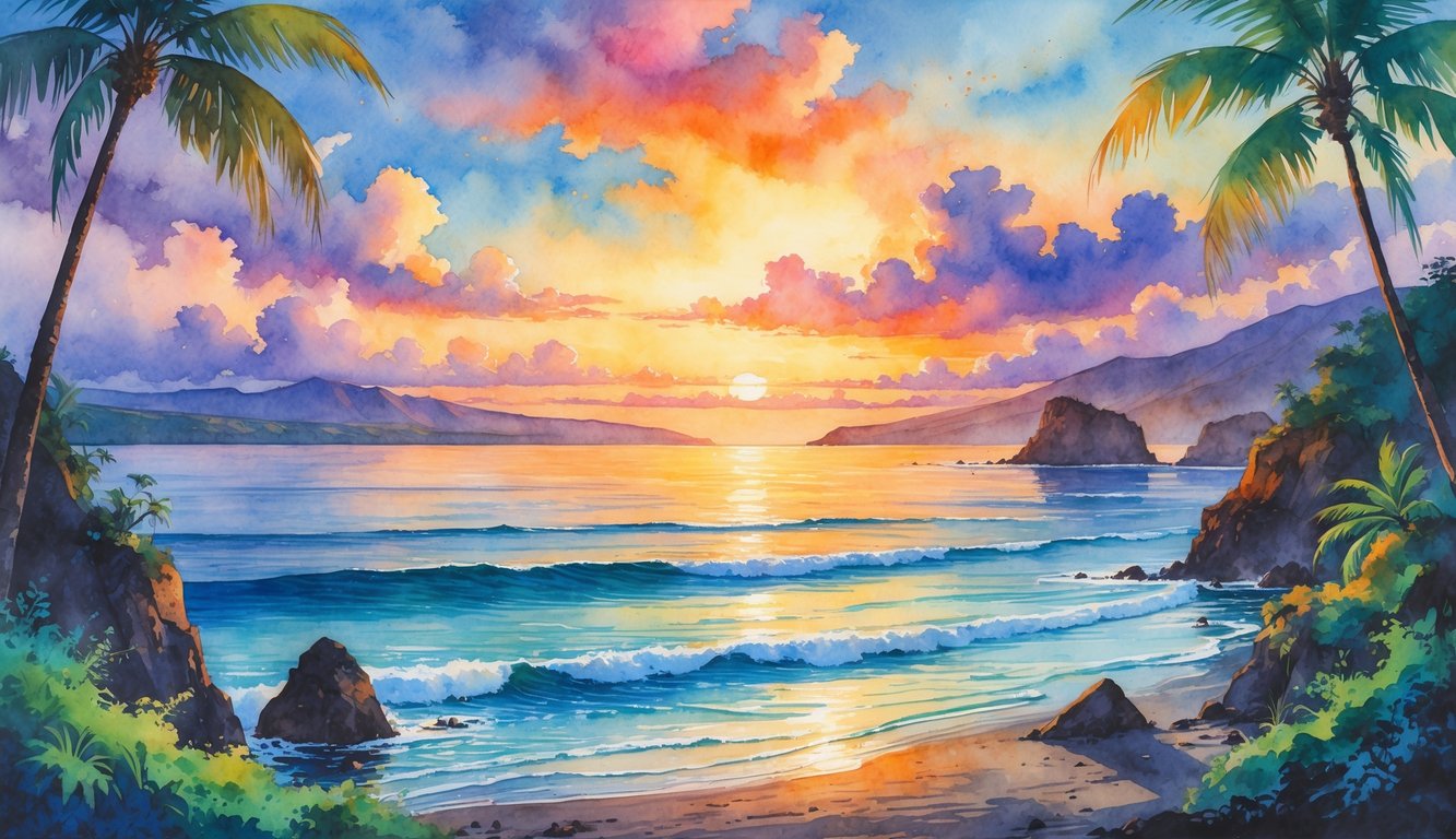 A sunrise over the ocean with palm trees, tropical plants, and volcanic rocks along the coast.