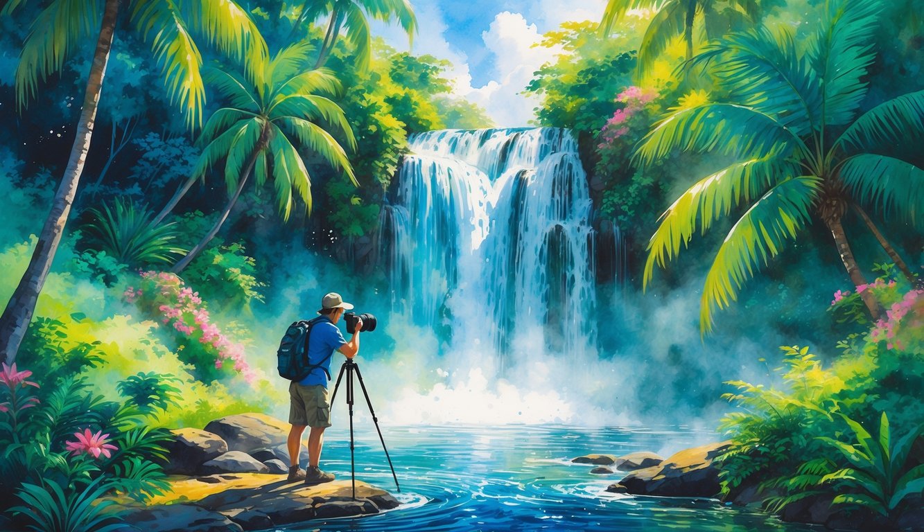 A photographer setting up a camera on a tripod near a lush waterfall surrounded by tropical plants and trees in Hawaii.