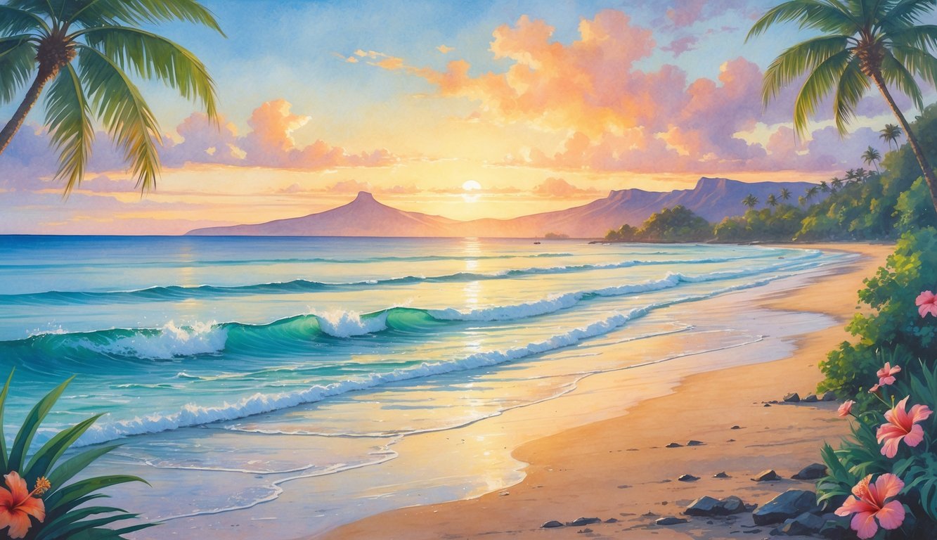 A peaceful Hawaiian beach at sunrise with palm trees, tropical flowers, calm ocean waves, and distant mountains under a colorful sky.