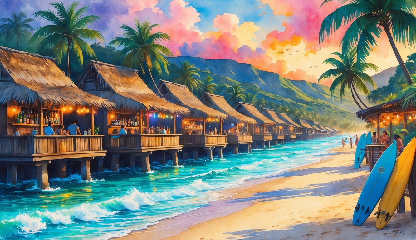 A tropical beach with several beach bars, palm trees, people enjoying drinks, and waves gently hitting the sandy shore during sunset.