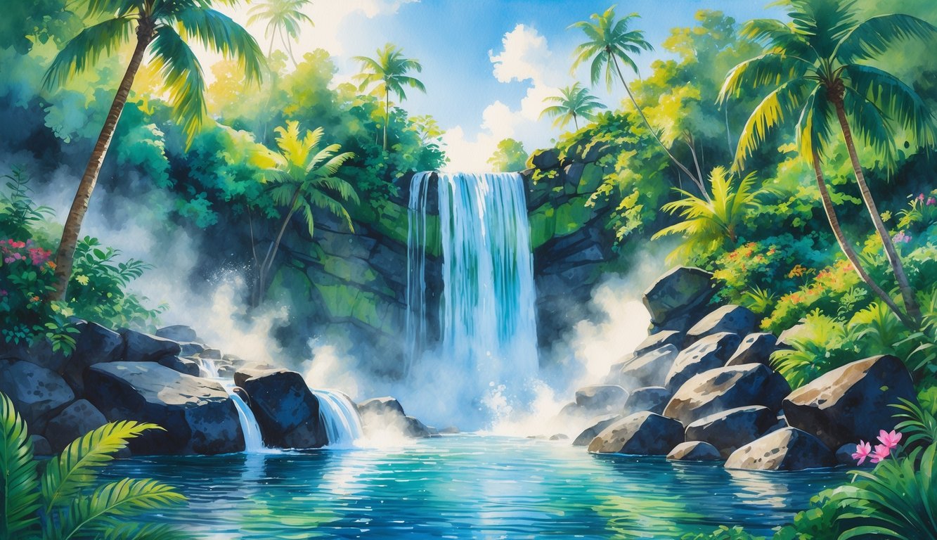 A tall waterfall surrounded by tropical plants and rocks with water flowing into a calm pool below.