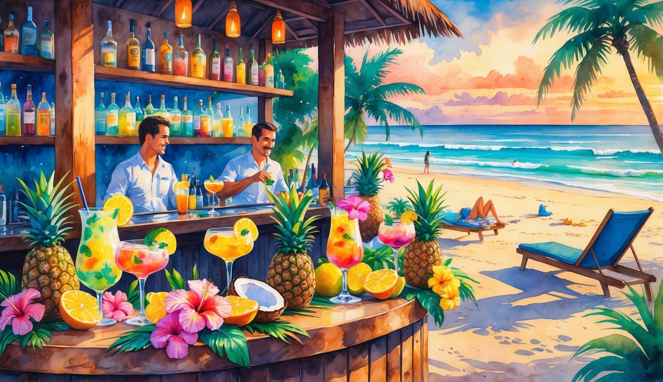 A tropical beach bar with colorful cocktails, palm trees, ocean waves, and people relaxing on the sand at sunset.