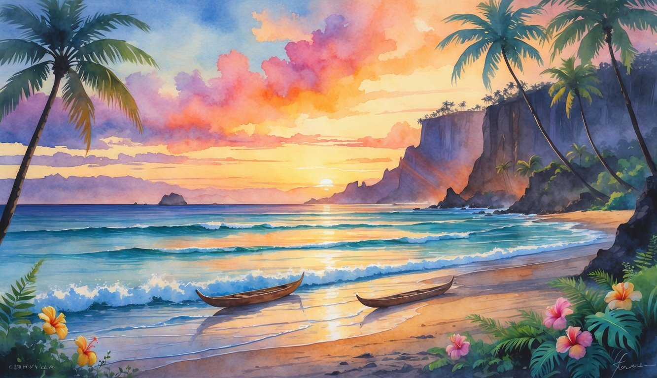 A sunrise over the ocean with palm trees, volcanic cliffs, and tropical plants along the shore.