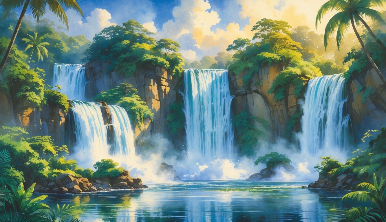 A large waterfall flowing down rocky cliffs surrounded by dense tropical trees and plants with mist rising at the base and mountains in the background.