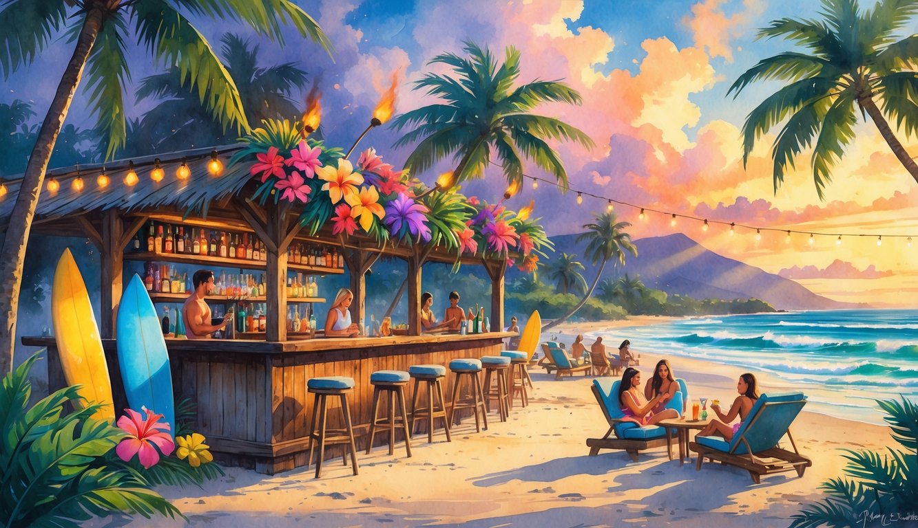 A lively beach scene with people enjoying drinks at wooden bars near palm trees and the ocean during a colorful sunset.