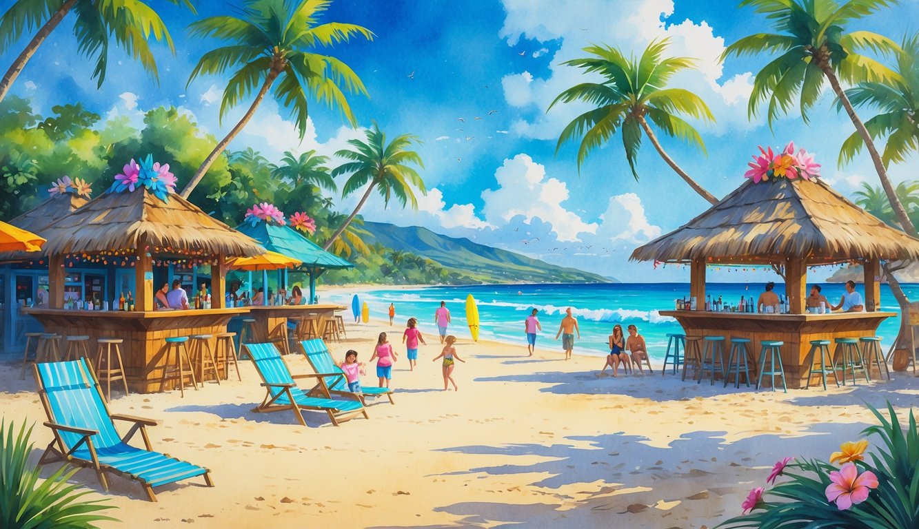 A sunny Hawaiian beach with tiki huts, palm trees, families and groups enjoying drinks and playing on the sand near the ocean.