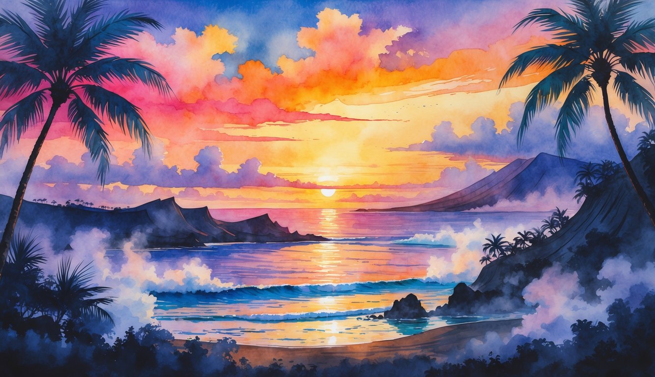 Sunrise over tropical hills and ocean with palm trees and colorful sky.