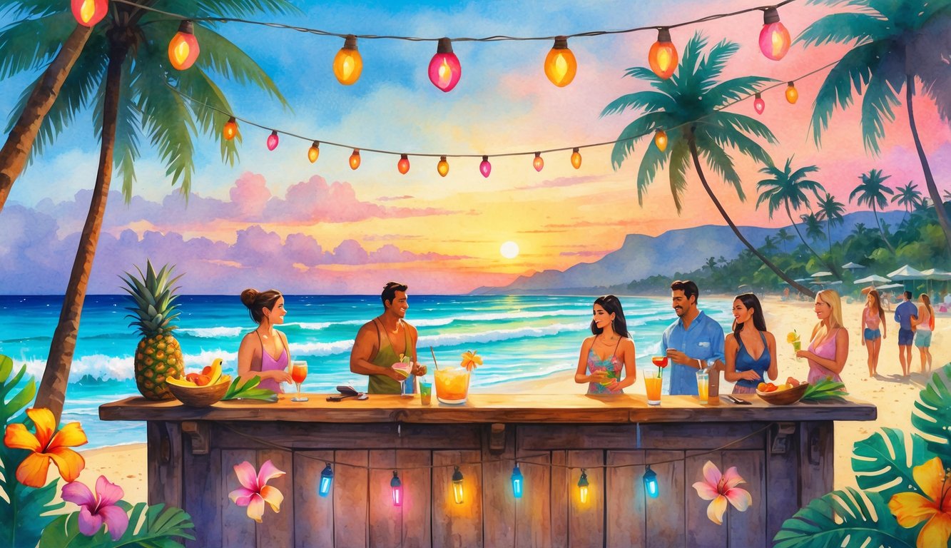 A lively Hawaiian beach bar with people enjoying drinks near palm trees and ocean waves at sunset.