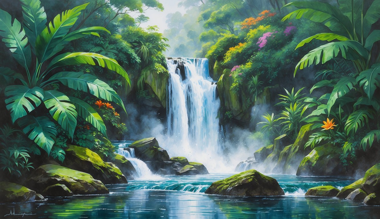 A waterfall flowing over rocks surrounded by dense tropical plants and trees with mist rising from the water.