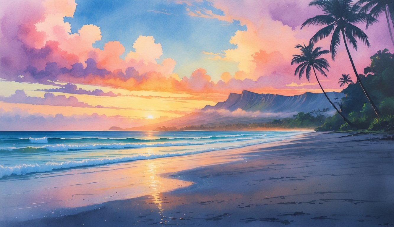 A peaceful Hawaiian beach at sunrise with palm trees, gentle waves, and distant volcanic mountains under a colorful sky.