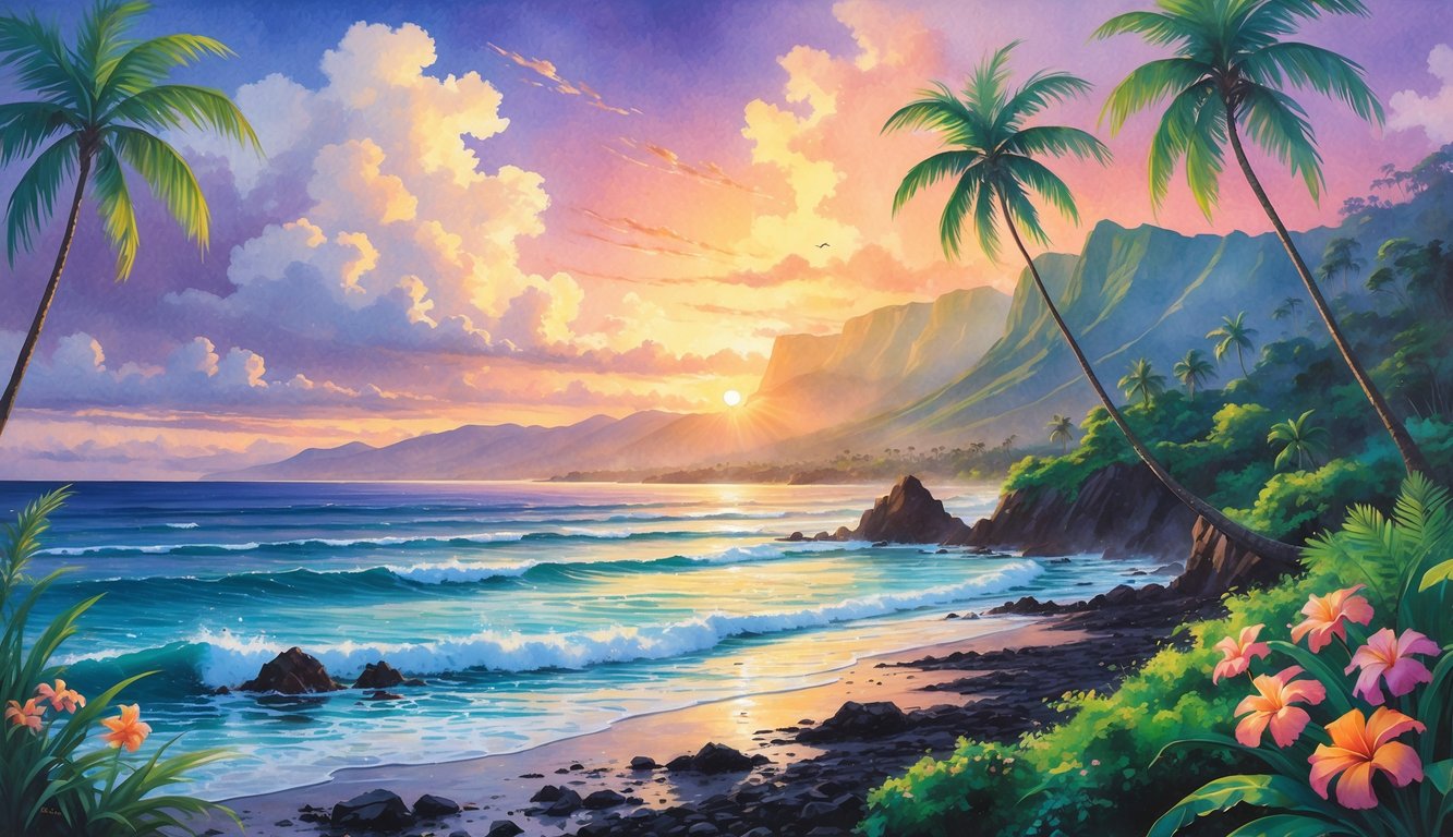 A tropical Hawaiian coastline at sunrise with palm trees, volcanic rocks, mountains, and colorful sky reflecting warm morning light.
