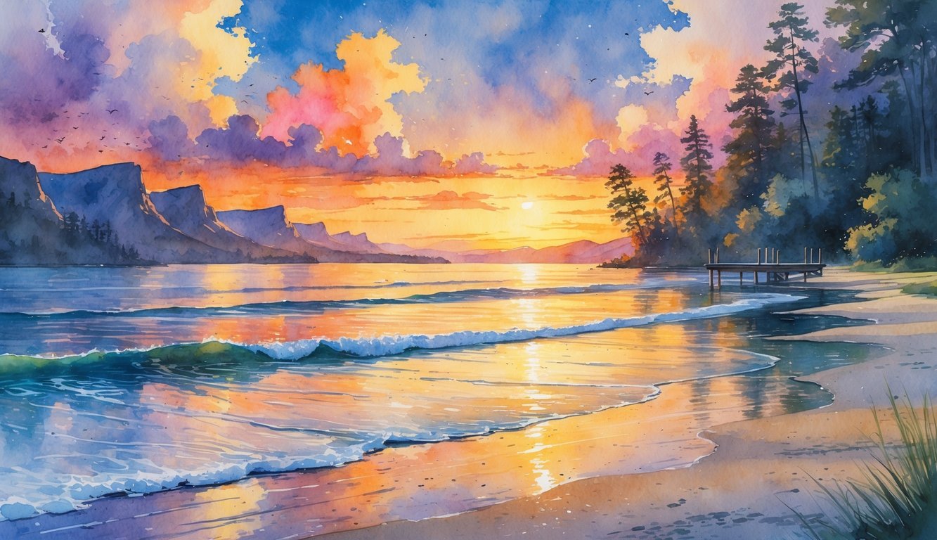 A peaceful landscape showing a beach, mountains, a lake, trees, and a wooden pier under a colorful sunset sky.