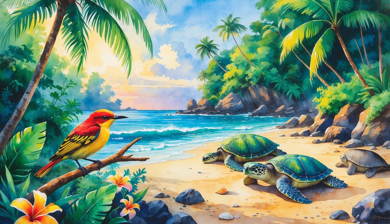 A tropical Hawaiian scene with a colorful bird perched on a branch, a green sea turtle on a rocky shore, and two seals resting on sunlit rocks near the ocean.