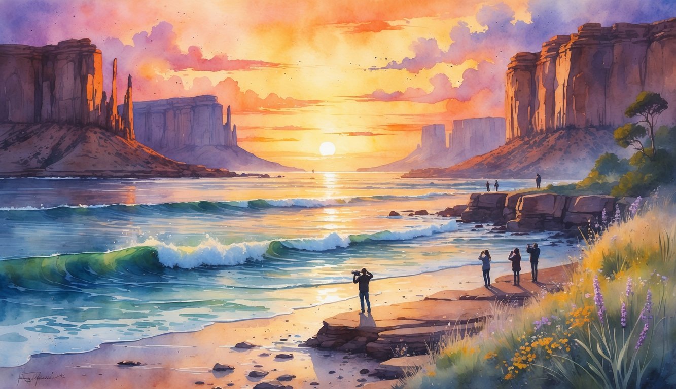 A sunset over a rocky shoreline with people taking photos, red rock formations in the distance, and a coastal cliff with wildflowers under a colorful sky.