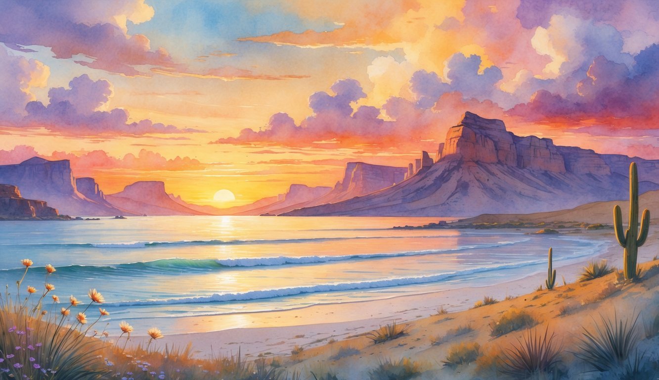 A landscape showing a sunset over the ocean, mountains, and desert with colorful skies and natural vegetation.
