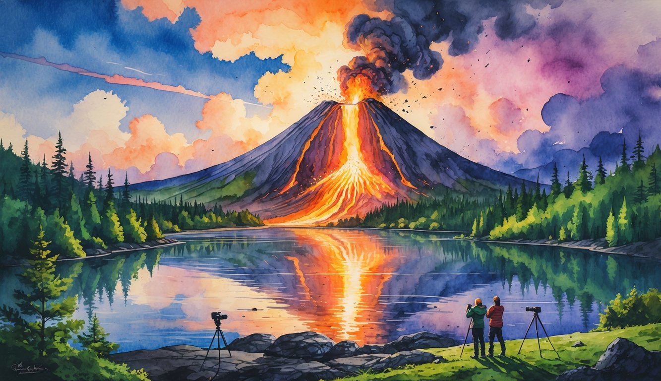 A volcano erupting with lava flowing down its slopes, surrounded by green forests and a lake, with photographers capturing the scene from rocky terrain.