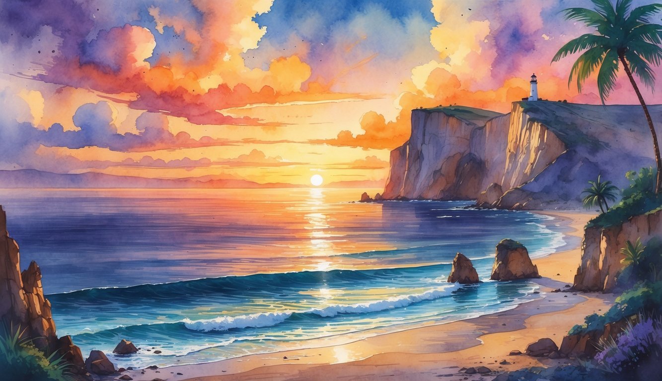 A coastal sunset scene with cliffs, a lighthouse, palm trees, and colorful sky reflecting on calm ocean waters.