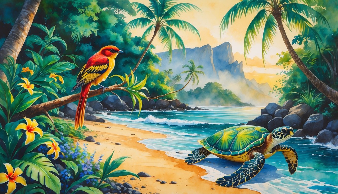 A tropical forest scene with a colorful bird perched on a branch and a sea turtle resting on a rocky shore near the ocean, with mountains and a sunrise in the background.